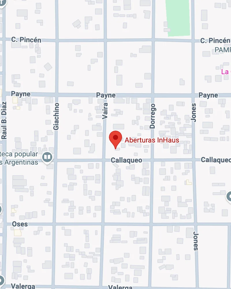 Mapa de Google con el taller de Aberturas InHaus en Vaira 3116, entre Payne y Callaqueo, Santa Rosa