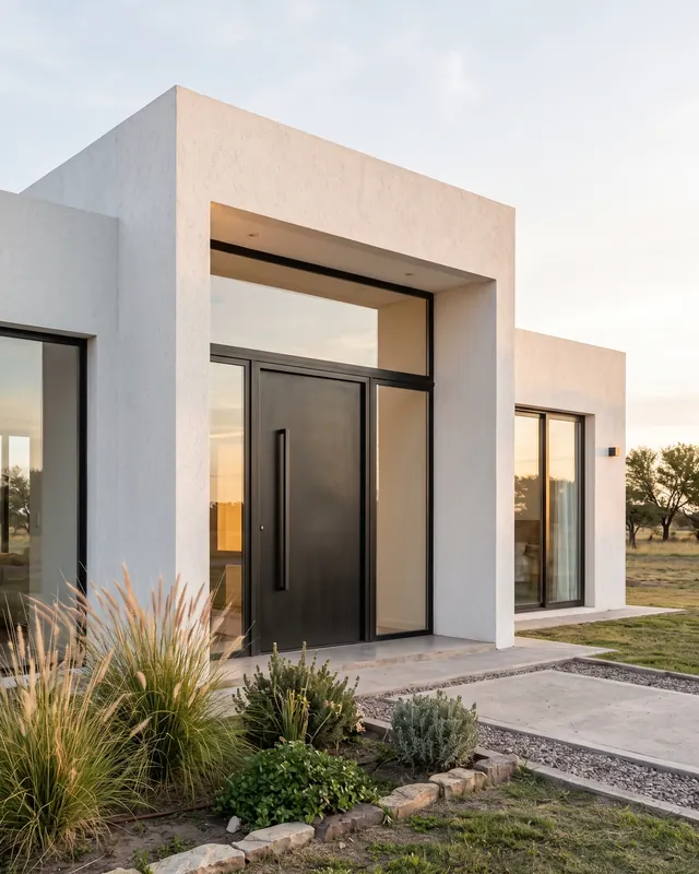 Frente integral de aluminio negro con puerta, paños laterales y banderola