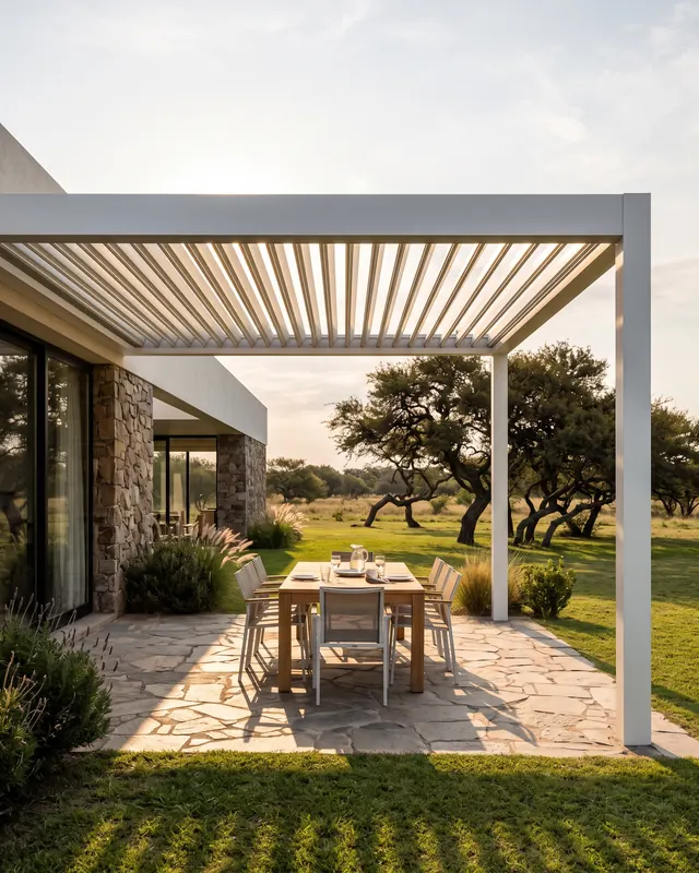 Pérgola de aluminio blanco con parasoles sobre un patio